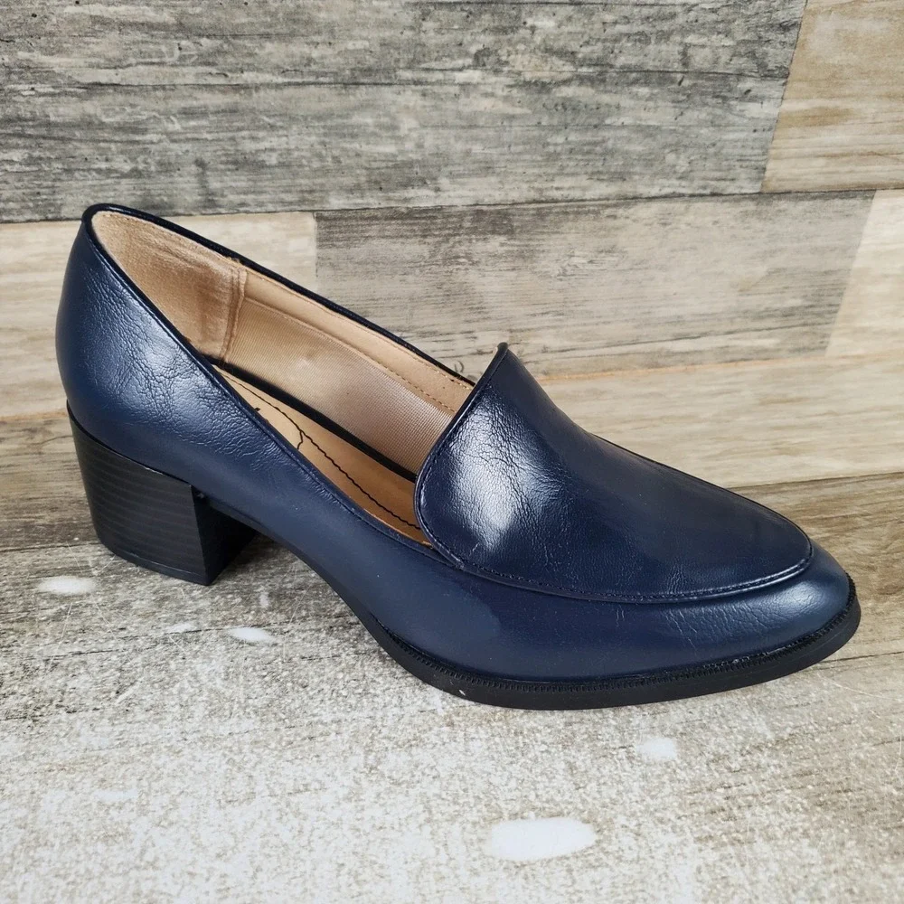 LifeStride Devyn Womens Loafers Sz 6.5 M Navy Faux Leather Slip On Block‎ Heel